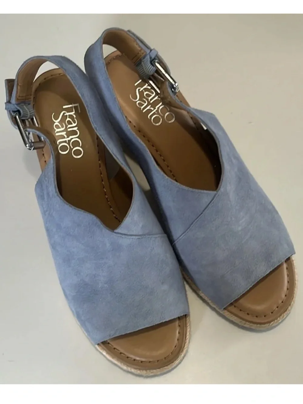 Franco Sarto Julien Women's Light Blue Suede 3” Cork Wedge Sandals size 6.5